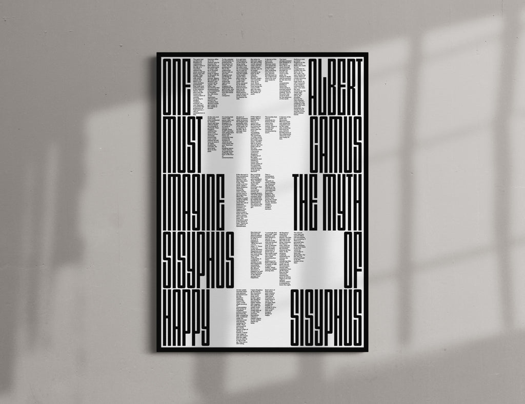 The Myth of sisyphus poster print featuring black geometric maze-like patterns and columns of small text on a white background, mounted on a light gray wall with soft window shadow overlays.