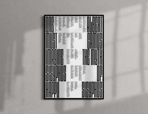 The Myth of sisyphus poster print featuring black geometric maze-like patterns and columns of small text on a white background, mounted on a light gray wall with soft window shadow overlays.