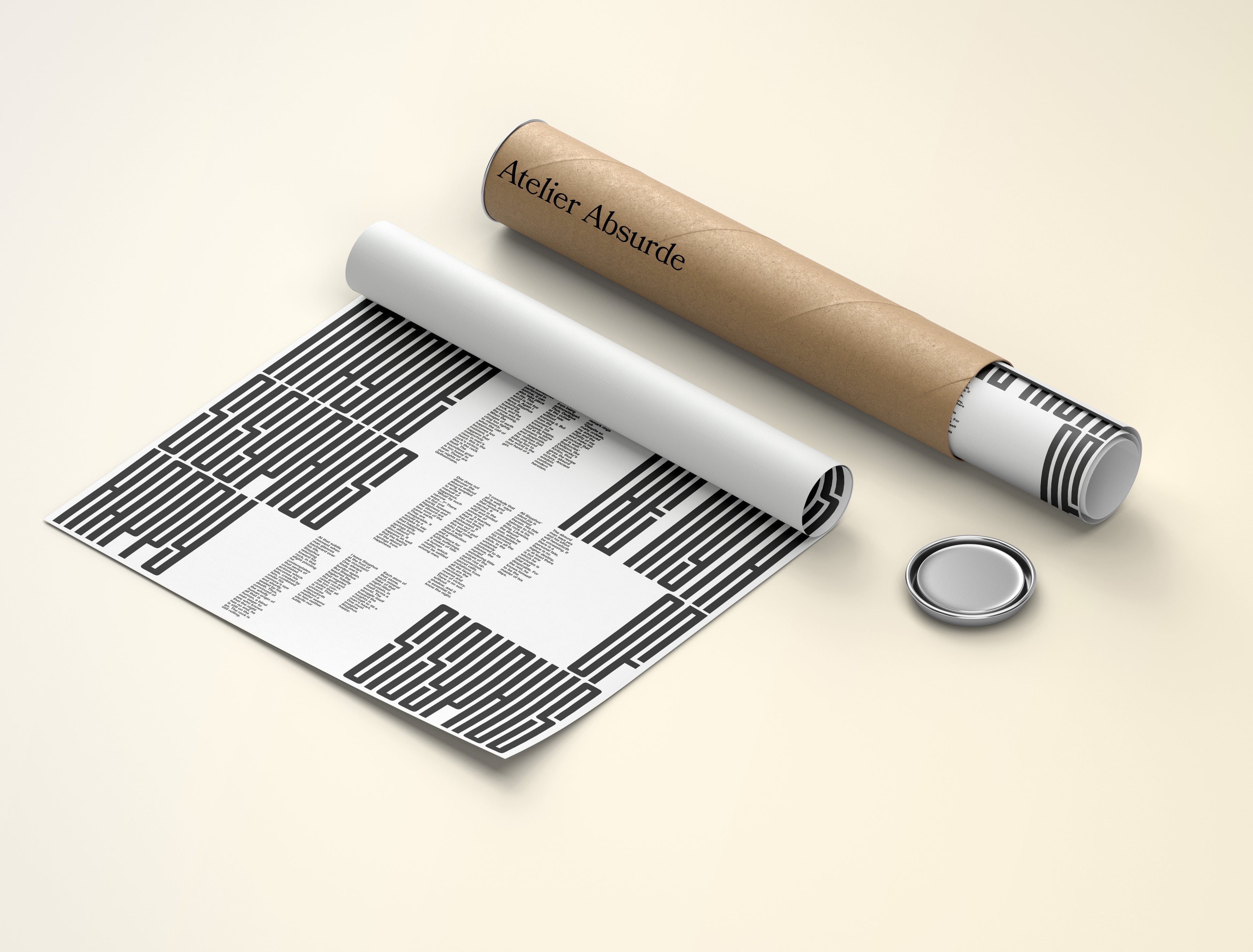 A rolled the myth of sisyphus poster and a brown cardboard mailing tube labeled 'Atelier Absurde' on a light cream background, with a small round metal cap beside it.
