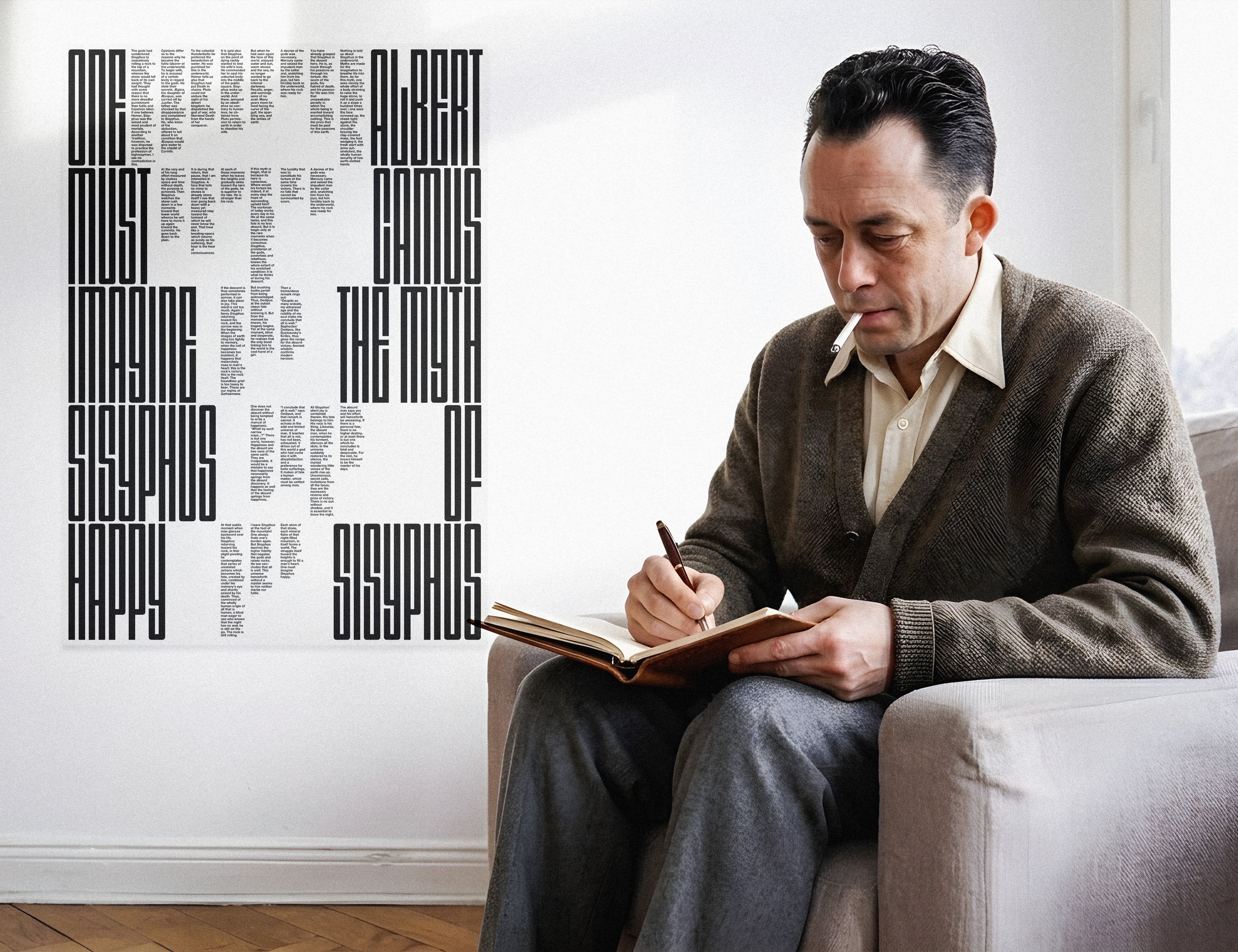 Albert Camus sits in a light gray armchair, writing in an open notebook with a pen. To his left, mounted on a white wall, is a large black-and-white geometric the Myth of sisyphus print made of vertical bars and text-like blocks.